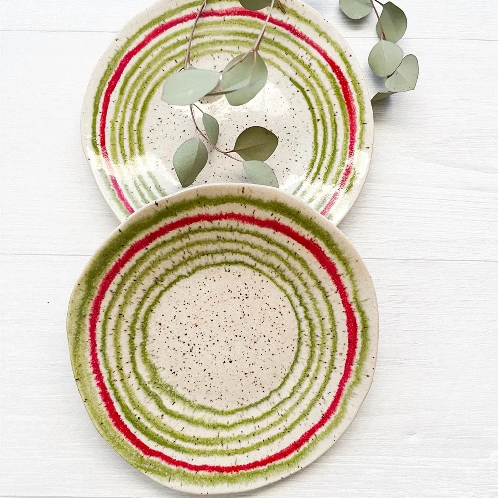 CRATE & BARREL Lina Stripe 8.5” Handcrafted Handpainted Salad Plates (Set of 2)
